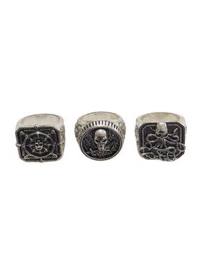 Silver Tone Costume Jewelry Skull & Nautical Signet Ring Set Size OS GUC
